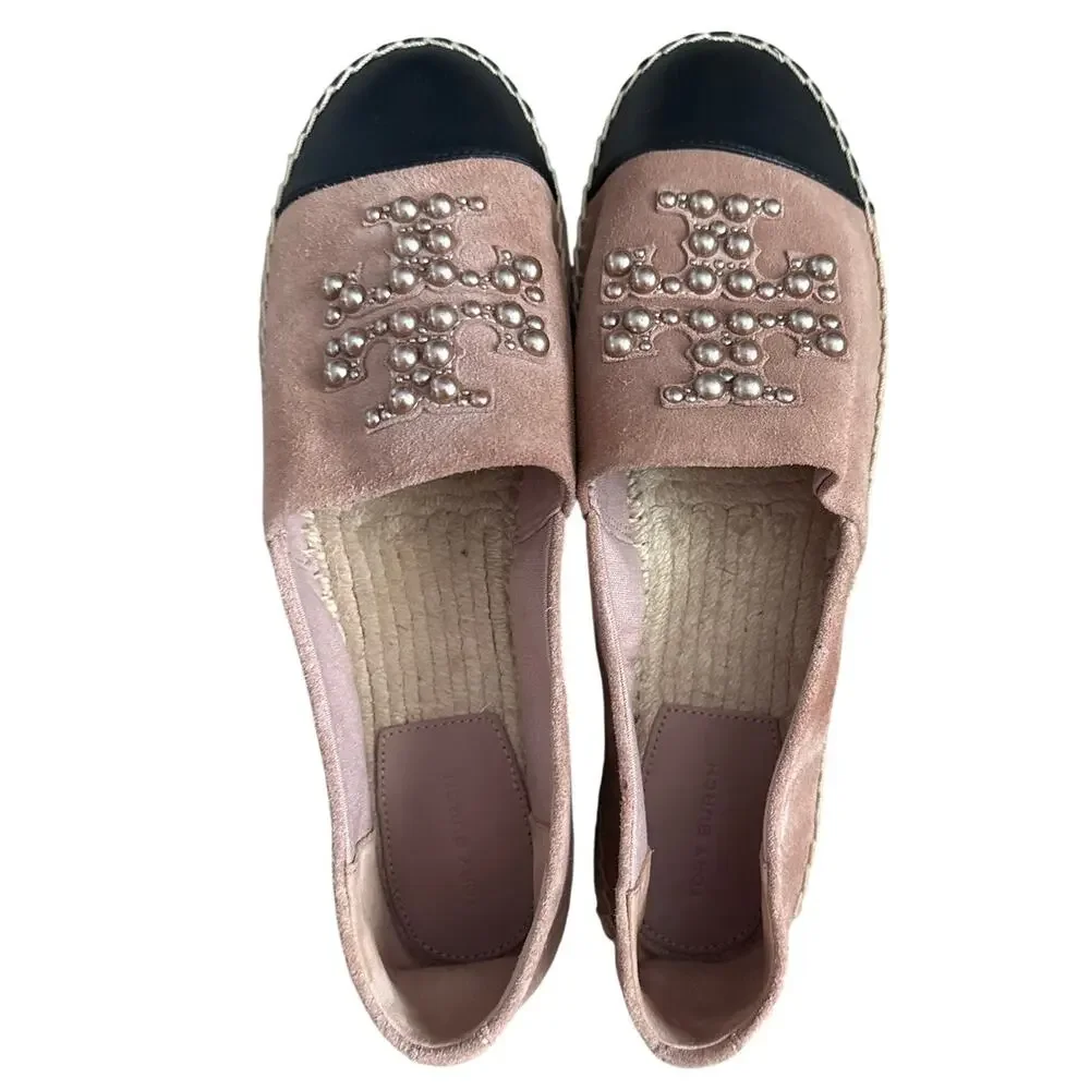 Tory Burch Pearl Logo Espadrille Flats Sensory  Suede Meadowsweet Size 10.5